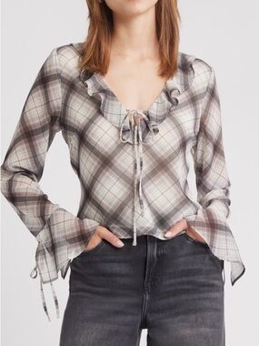Open Edit Ruffle Tie-Front Plaid Chiffon Blouse Top